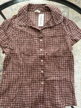 John Galt Brown Plaid Textured Teagan Collared Top